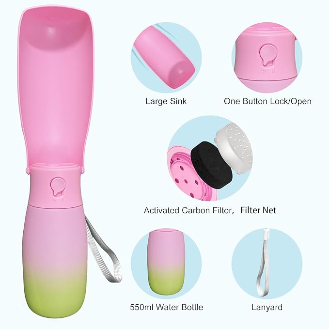 Dog Water Bottle Portable - Food Grade Material BPA Free, 19Oz Leak Proof Pet Water Bowl Dispenser, Travel Puppy Accessories for Outdoor Walking Camping, Dogs Birthday Gifts (Pink&Green)
