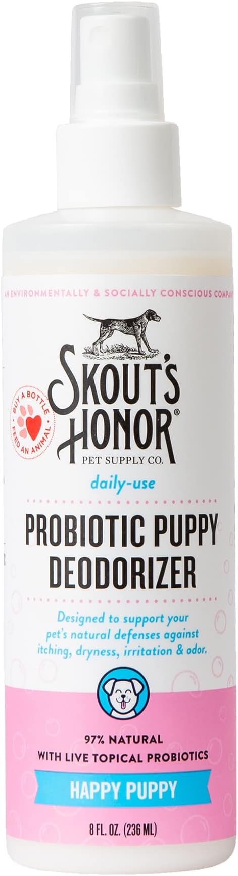 SKOUT'S HONOR Probiotic Deodorizer Spray for Pets- Hydrating Daily-Use with Avocado Oil & Omega-3s, Microbiome Friendly Certiified, Paraben & Sulfate-Free, 97% Natural, 8oz, Happy Puppy