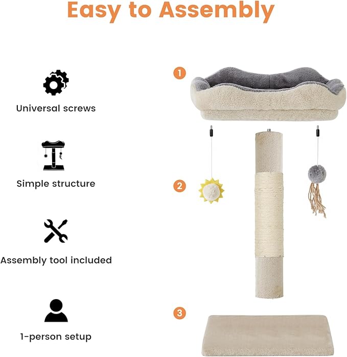 Gardner Pet 20" Cat Tree, Solid Wood Small Cat Tree, Removable Bed, Sisal Scratching Post & Hanging Toys, Compact Cat Tower Perch for Kittens & Indoor Cats (Beige, Square)