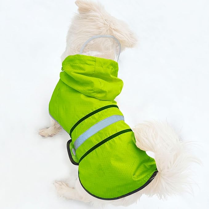 Dog Raincoat Waterproof Reflective Slicker - Lightweight Breathable Hooded Poncho Rain Coat Jacket with Adjustable Belly Strap and Leash Hole for Small Medium Large Dogs (Green, X-Small)