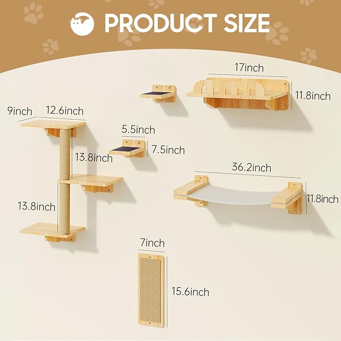 MeowHomm Cat Wall Shelves, Set of 6 Wooden Cat Wall Furniture Includes Scratching Post with 3 Steps, Jumping Platform, Hammock and Scratcher Board for Kittens