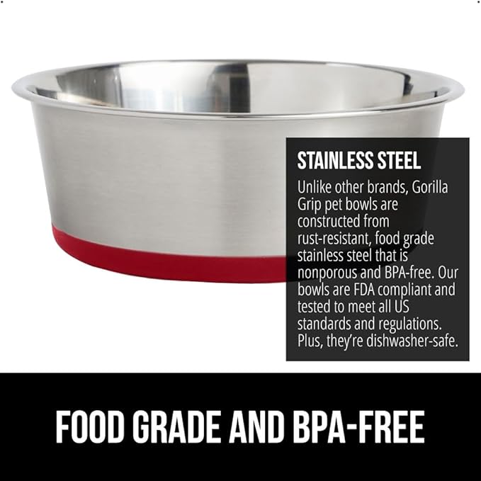 GORILLA GRIP Set of 2 Dog Bowls, Holds 6 Cups (48 fl oz), Heavy Duty Metal Food and Water Bowl for Feeding Dogs and Cats, Dishwasher Safe, Rust Resistant Stainless Steel, BPA Free Rubber Base, Red