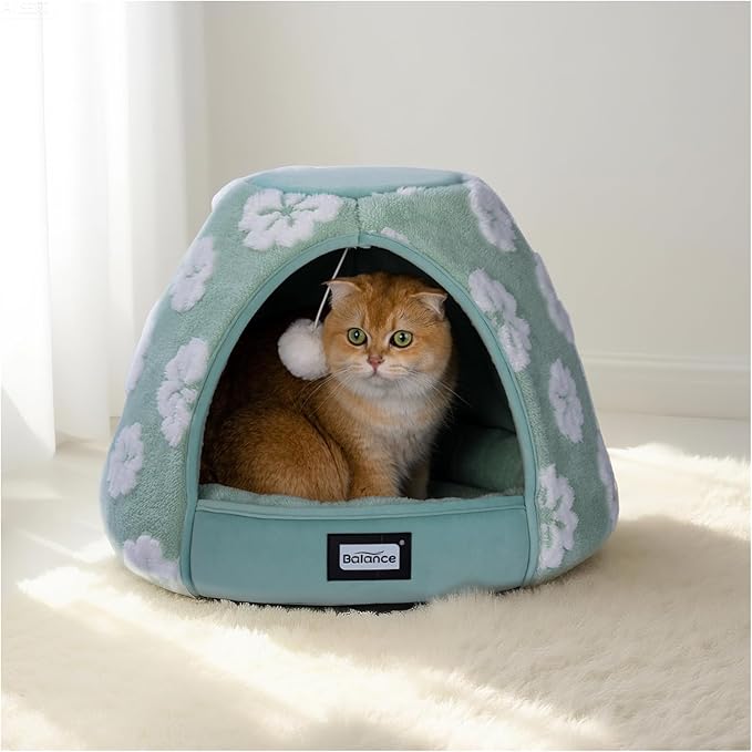 BALANCE Cat Beds for Indoor Cats, 2-in-1 Cat Bed Cave with Anti-Slip Bottom and Ultra-Soft Plush, Cozy Cats House Tent for Kittens and Small Dogs, 19 Inches, Green