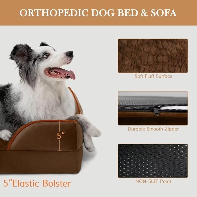 Comfort Expression Orthopedic Dog Bed for Extra Large Dogs 42x30 Inch, Waterproof Egg Crate Foam XL Pet Bed with Removable Bolsters, Dog Couch with Washable Cover & Non-Slip Bottom, Dark Brown
