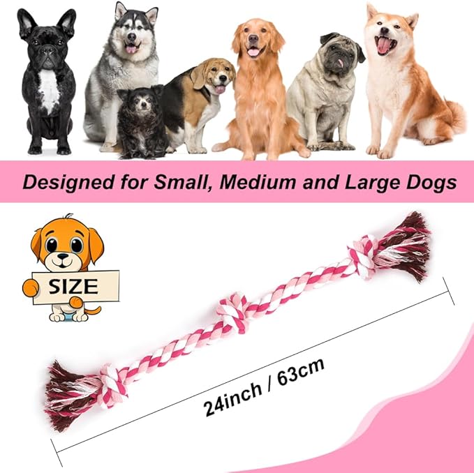 SZEE Dog Rope Toys, 24 in 3 Knots Chew Rope for Small, Medium and Large Dogs, Natural Cotton Pet Pull Toy for Tug of War and Teeth Cleaning (Pink)