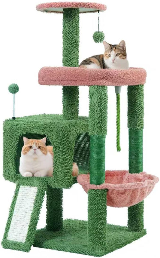 TWDEPART 37.5" All-in-One Cat Tree Tower with Scratching Board & Posts Cozy Sleeping Perch Hammock and Toy Balls, Green