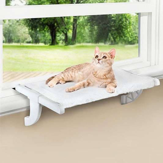 Window Sill Mount Cat Perch for Indoor Cats, One-Step Sliding Clamping Slot Adjustment Cat Hammock with Washable Cover, No Suction Cups Pet Bed for Windowsill & Bedside (Medium)
