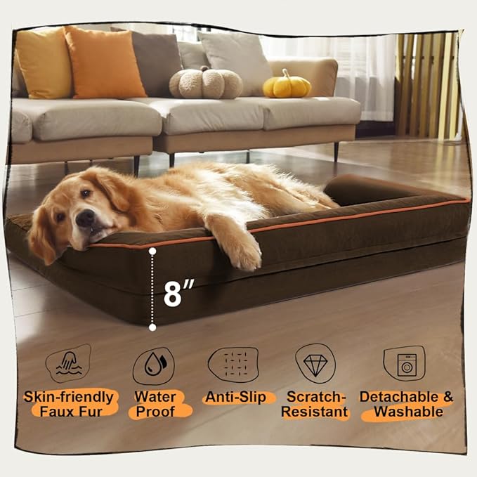 Large Dog Bed Orthopedic Washable - Memory Foam Couch Sofa - XXL Large Big Dogs - Beds Bolster Pet - Waterproof with Removable Cover - Coffee Dog Bed