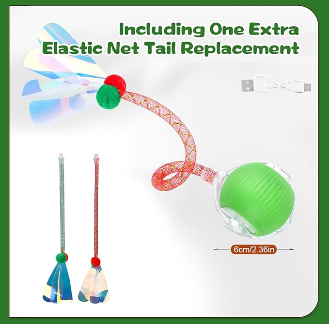 Interactive Cat Toys for Indoor Cats, Speedy Moving Ball Cat Toys with Colorful Tail, Smart Interactive Cat Rolling Ball (Green)