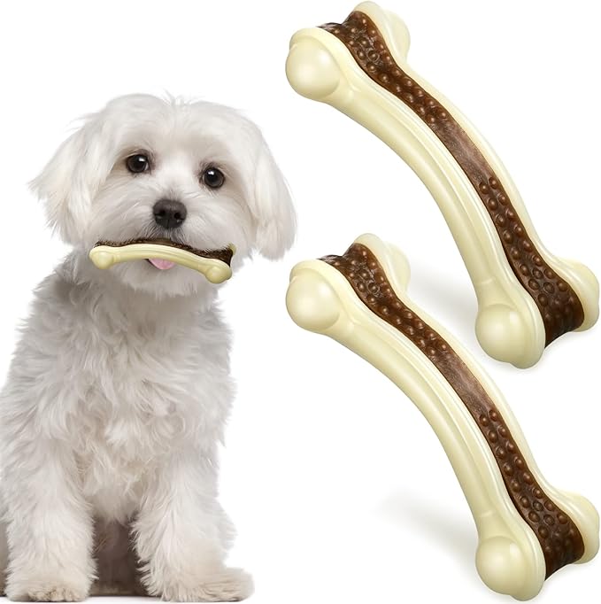 Sosation Bones Shaped Dog Toys for Aggressive Chewers, 2 Pack Dog Chew Toys Puppy Teething Nylon Beef Flavor for Large/Medium/Small Puppies Breeds(Curved Bone,Small)