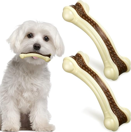 Sosation Bones Shaped Dog Toys for Aggressive Chewers, 2 Pack Dog Chew Toys Puppy Teething Nylon Beef Flavor for Large/Medium/Small Puppies Breeds(Curved Bone,Small)