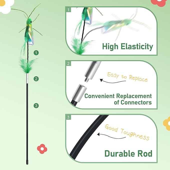SONGWAY Cat Bug Toy Wand - Cat Teaser Wand Toy with 4 Pcs Cute Insect Feather cat Toy Replacements, Interactive Cat Toys Bug for Indoor Cats Kittens
