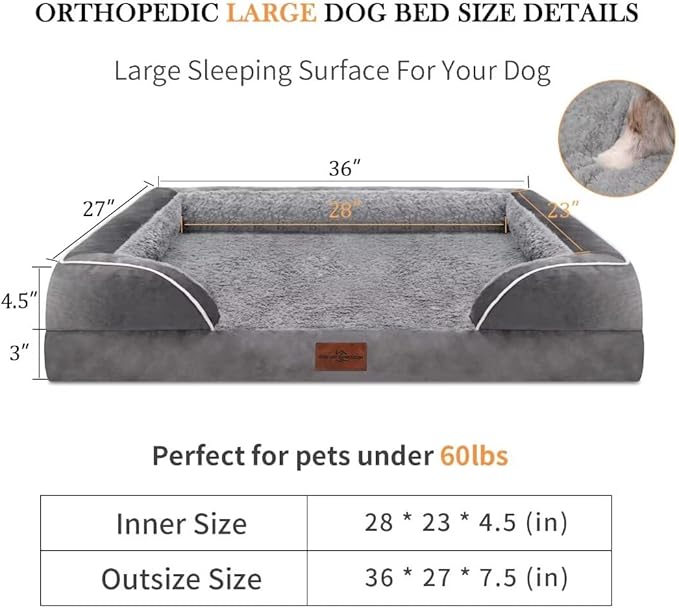 Comfort Expression Orthopedic Dog Bed for Large Dogs 36x27 Inch, Waterproof Supportive Memory Foam Large Pet Bed with Removable Bolsters, Dog Couch with Washable Cover & Non-Slip Bottom, Silver Grey