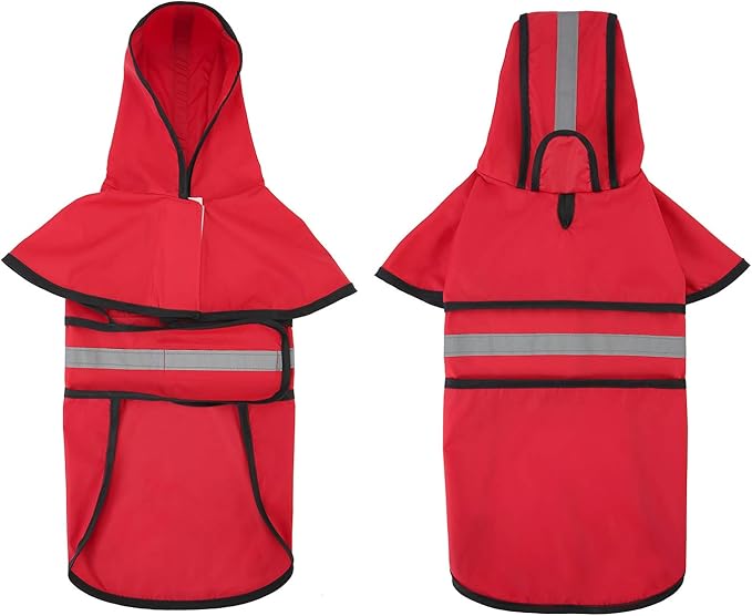 HDE Dog Raincoat Jacket Reflective Adjustable Hooded Pet Poncho Rain Coat with Leash Hole for Small to X-Large Dogs Red - XL