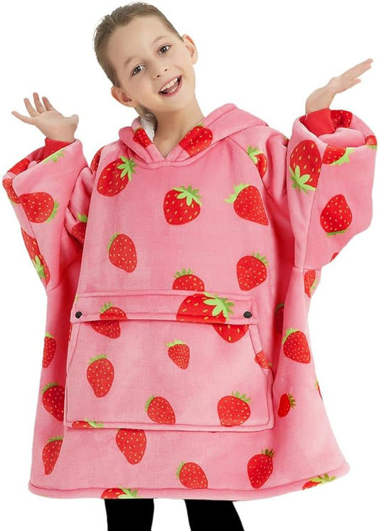 KFUBUO Wearable Blanket Hoodie for Kids Sherpa Patterns Oversized Sweatshirt Blanket With Pocket 6-10 Year Old Girl Cute Hoodies Gift Strawberry
