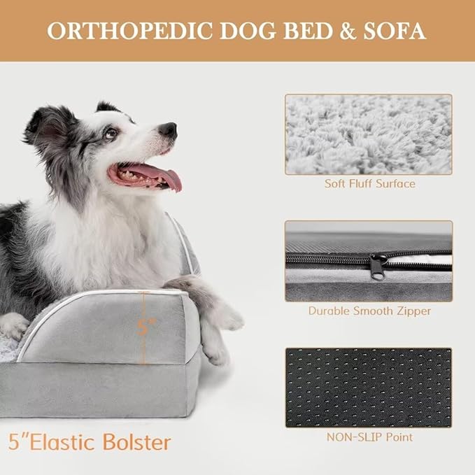 Comfort Expression Orthopedic Dog Bed for Extra Large Dogs 45x35 Inch, Waterproof Supportive Memory Foam XL Pet Bed with Removable Bolsters, Dog Couch with Washable Cover & Non-Slip Bottom, Light Grey