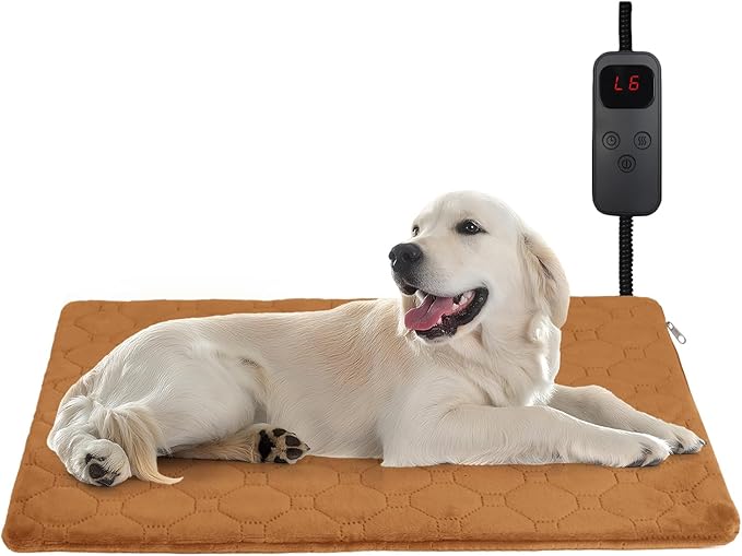 Pet Heating Pad for Cats & Dogs Indoor Outdoor, Warming Cat Heating Pad with Chew Resistant Cord, Adjustable Temperature and Time, Heated Pet Bed Mat Waterproof for Cats Dogs (Coffee, 15.7'' × 27.6'')
