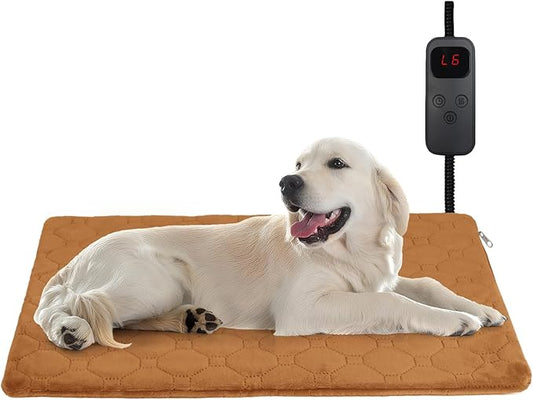 Pet Heating Pad for Cats & Dogs Indoor Outdoor, Warming Cat Heating Pad with Chew Resistant Cord, Adjustable Temperature and Time, Heated Pet Bed Mat Waterproof for Cats Dogs (Coffee, 15.7'' × 27.6'')