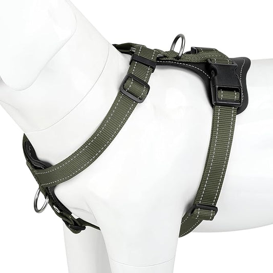 Plutus Pet Adjustable No Pull Dog Harness with Leather Accents, Heavy Duty Reflective Nylon Vest for Training, Hiking, Easy Walk Harness for Small, Medium, Large Dogs (Ranger Green, M)
