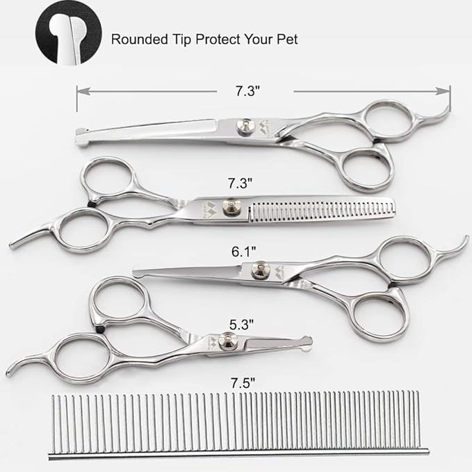 Dog Grooming Scissors Kit with Round Tip, 6 in 1 Cat Dog Scissors, Stainless Steel Pet Grooming Shears, Straight, Curved, Thinning Shears, Comb for Full Body, Face, Nose, Ear & Paw