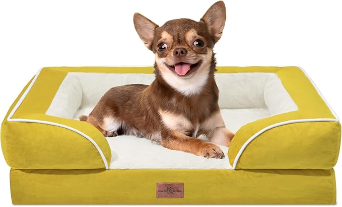 Comfort Expression Orthopedic Dog Bed for Small Dogs 24x16 Inch, Waterproof Egg Crate Foam Small Pet Bed with Removable Bolsters, Dog Couch with Washable Cover & Non-Slip Bottom, Spicy Mustard