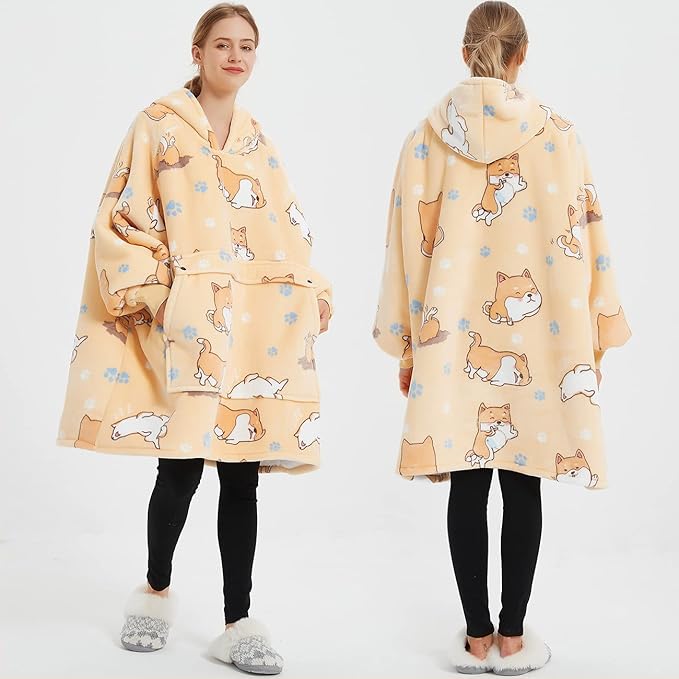 KFUBUO Wearable Blanket Hoodie for Adults Sherpa All Patterns Dog Oversized Sweatshirt Blanket with Pockets for Mom