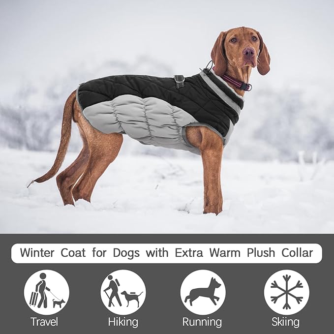 FUAMEY Dog Coat for Large Dogs,Waterproof Dog Winter Jacket with Harness Built in Puppy Cold Weather Coats Reflective Pet Vest with Zipper Warm Fleece Dogs Snowsuit Windproof Black XL