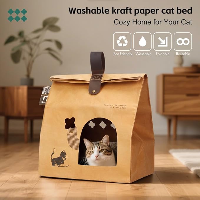 Washable Kraft Paper Cardboard Cat House with 2PCS Scratching Pads Large Cat Scratchers Bed for Indoor Cat Cat Scratching Board & Cat Scratcher Condo for Bunny/Cats Animals. (Kraft Paper)