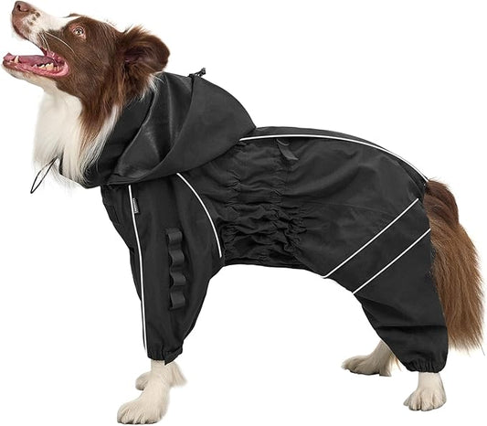 OneTigris Dog Raincoat with Hood for Medium Large Dogs, Waterproof & Reflective, 4 Legs Dog Rain Jacket Adjustable Puppy Poncho for The Rain and Snow (Black, Large)