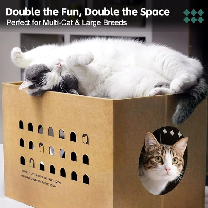 Cardboard Cat House with Catnip 17"L x 12"W x 12"H Large Cat Scratchers Lounge Bed for Indoor Cats with 2 PCS Scratching Pads Condo Corrugated Cat Scratcher& Cat Scratcher Box for Bunny/Cats Animals.