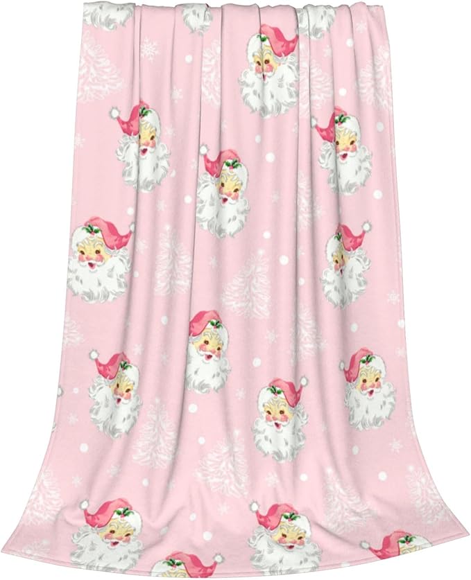 Christmas Santa Claus Throw Blankets, Xmas Tree Soft Anti Pilling Flannel Blanket, Winter Snowflake Decorative Lightweight Pink Blanket, 40x50 Inches Sofa Fleece Blanket for Girl Children