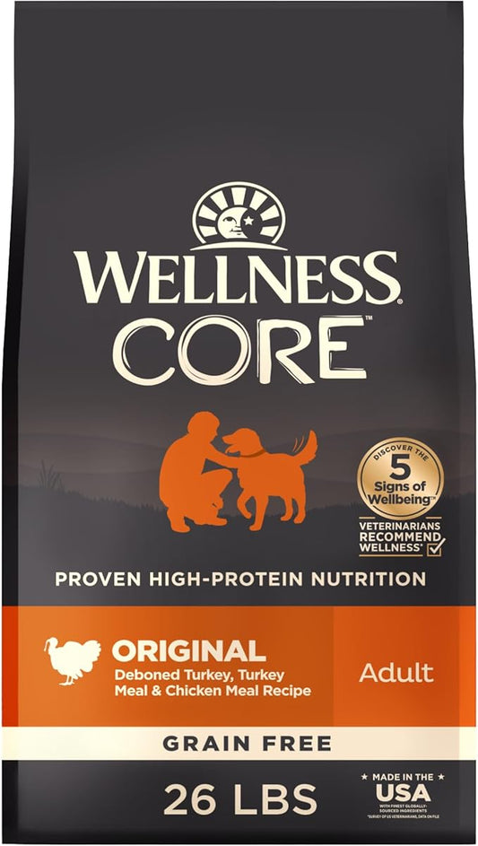 Wellness CORE Grain-Free High-Protein Dry Dog Food, Made in USA with Real Meat & Natural Ingredients, All Breeds, Adult Dogs (Turkey & Chicken, 26-lb) With Nutrients for Immune, Skin, & Coat Support