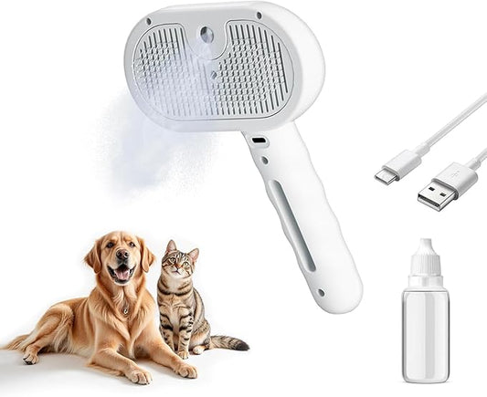 Pet Steam Brush for Dog and Cat，3 in 1 Spray Hair Removal Comb，Steam for Shedding & Grooming，Water Brush for Long and Short Haired Pets Remove Tangled Loose Hairs (White)