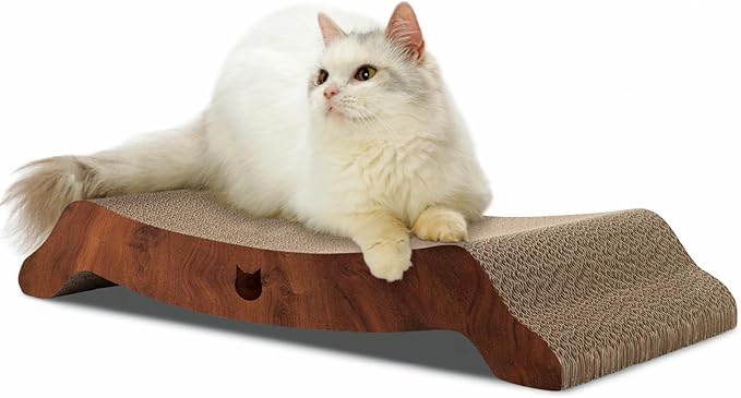 Necoichi Cardboard Cat Scratcher Bed for Indoor Cats - Cat Scratching Board, Horizontal Cat Scratch Pad Lounger with Reversible Usability and Extra Comfort for Lounge, Curved (22" Large, Dark Cherry)