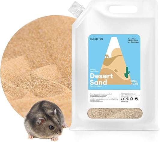BUCATSTATE Hamster Sand, No-Dust 3.3LB Chinchilla Dust Bath with Pour Spout, 100% Natural Desert Bathing Sand for Syrian Hamster Gerbil Rat Mice Small Animals (Fine Sand)