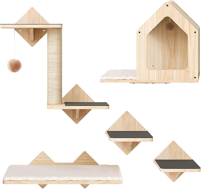 HOOBRO Wood Cat Wall Shelves, Set of 5 Cat Wall Mounted Furniture, Climbing Shelves with House, Steps, Scratching Post, Perch, Sturdy and Anti-Slip, Natural NL43CS03G1