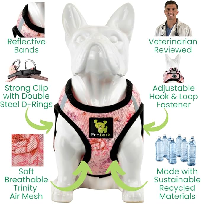 EcoBark Step in Dog Harness - Eco-Friendly Dog Harnesses for Small and Medium Breed Dogs - Reflective and Adjustable Body Halter Vest - Soft Mesh Toy Breed Harness (Floral, Large)