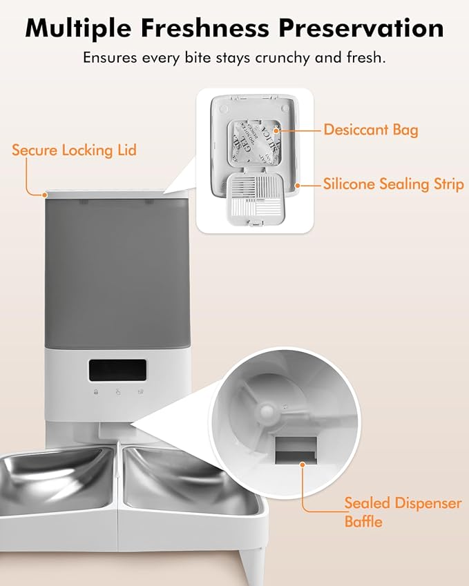 Automatic Cat Feeder for 2 Cats, 5L Automatic Cat Food Dispenser for Small Pets Indoor, 2.4G WiFi Pet Feeder with Free APP Control, Whisker-Friendly Bowls, 1-10 Meals/Day, Detachable for Easy Clean