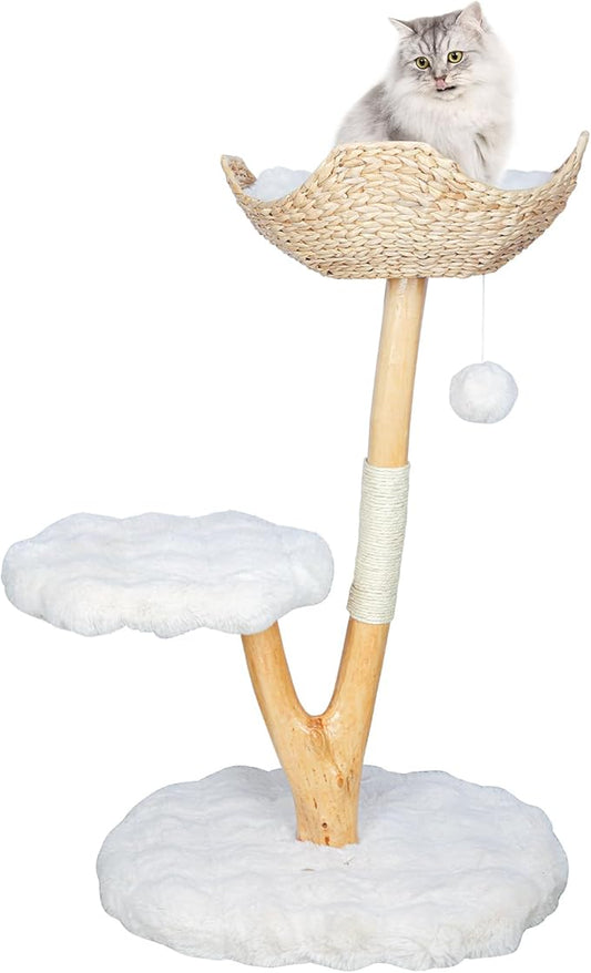 Solid Wood Cat Tower, Authentic Branch Cat Tree with Scratching Post and Cat Bed, Durable Furniture for Heavy Cats, for Cat Lovers, White