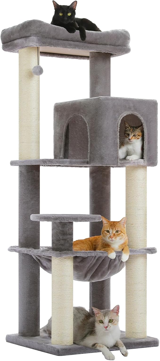 Large Cat Tree for Indoor Cats Large Adult, 57.8" Heavy Duty Cat Tower with 4 Reinforced Scratching Posts (φ3.7in) and Plush Larger Hammock for Maine Coon & Big Cats, Supports 30lbs, Grey