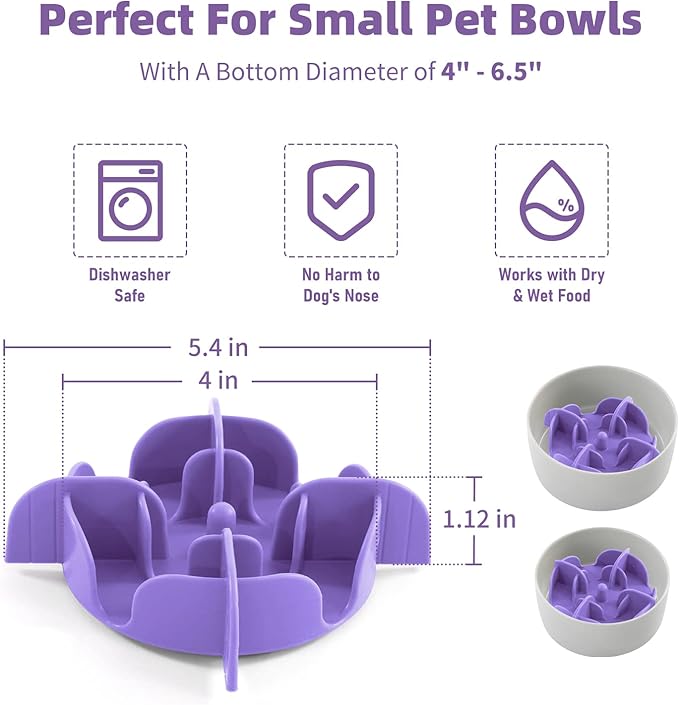 Jaoul Slow Feeder Dog Bowls Insert, 5.4 Inch Cuttable Slow Feeder Insert with 17 Octopus Suction Cups for Small Size Dog Food Bowl (Small, Purple)