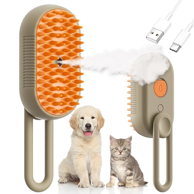 Steam Cat Cordless 3-in-1 Silicone Massaging Grooming Brush With Built-in Lithium Battery, Removes Static and Flying Pet Hair for Cats and Dogs (Beige)