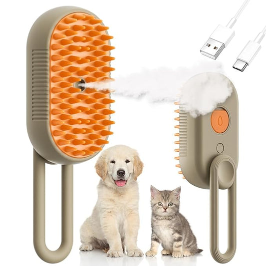 Steam Cat Cordless 3-in-1 Silicone Massaging Grooming Brush With Built-in Lithium Battery, Removes Static and Flying Pet Hair for Cats and Dogs (Beige)