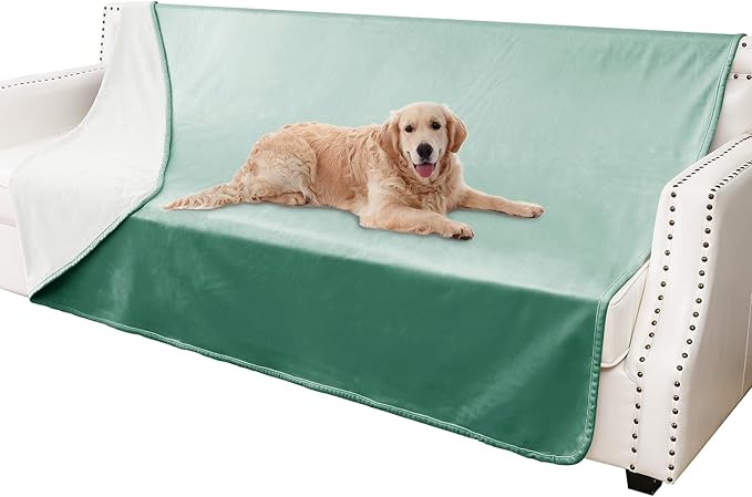 Waterproof Dog Blankets, Washable Pee Proof Pet Blanket for Couch, Soft Reversible Puppy Throw Furniture Protector Cover for Bed Sofa-52"x82",Green+Cream