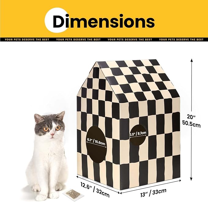 Cardboard Cat House with Scratch Pad & Catnip, Cat Play Scratching House for Indoor Hideaway Furniture, Heavy Duty Sturdy Cardboard Scratcher, Easy to Assemble Birthday Gift