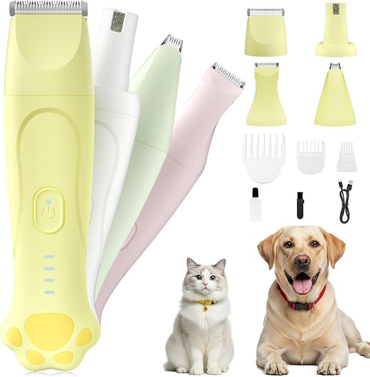 Dog Clipper 4-in-1 Grooming Kit – Includes Comb, Paw Trimmer, Nail Grinder, Rechargeable & Wireless Design, Low Noise, IPX7 Waterproof, Pet-Friendly Clipper （Yellow）