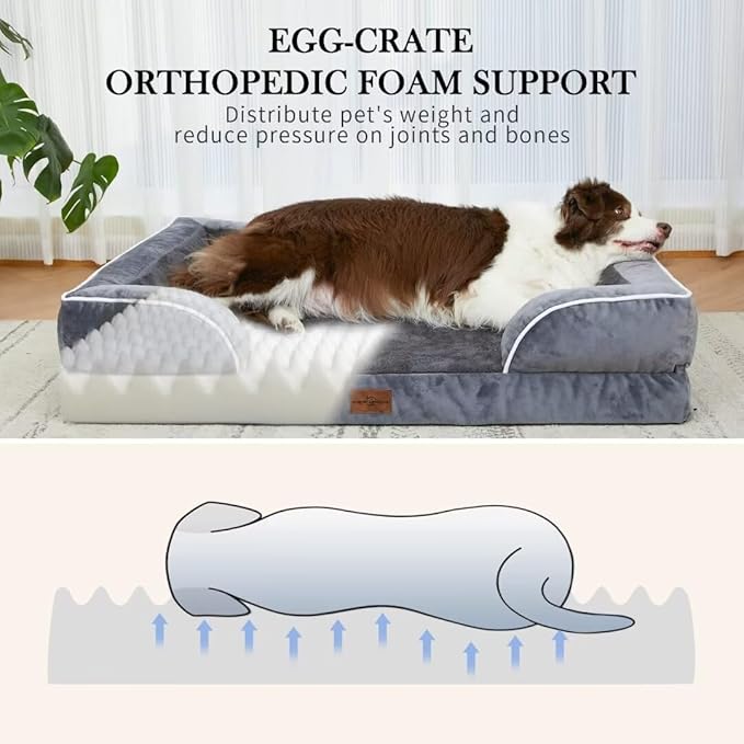 Comfort Expression Orthopedic Dog Bed for Extra Large Dogs 53x42 Inch, Waterproof Egg Crate Foam XXL Pet Bed with Removable Bolsters, Dog Couch with Washable Cover & Non-Slip Bottom, Dark Grey