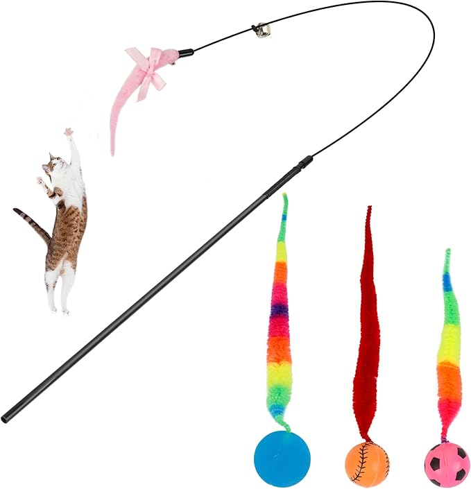 SHENGSEN Feather Wand Cat Toy,Bouncy Ball with Tail Cat Toys,Magic Worm with Large Colorful Ball Toy for Cats,Cat Feather Toys for Indoor Cats,Colorful Fuzzy Worm Bouncy Balls Cat Toy (ADM102-A-3B)