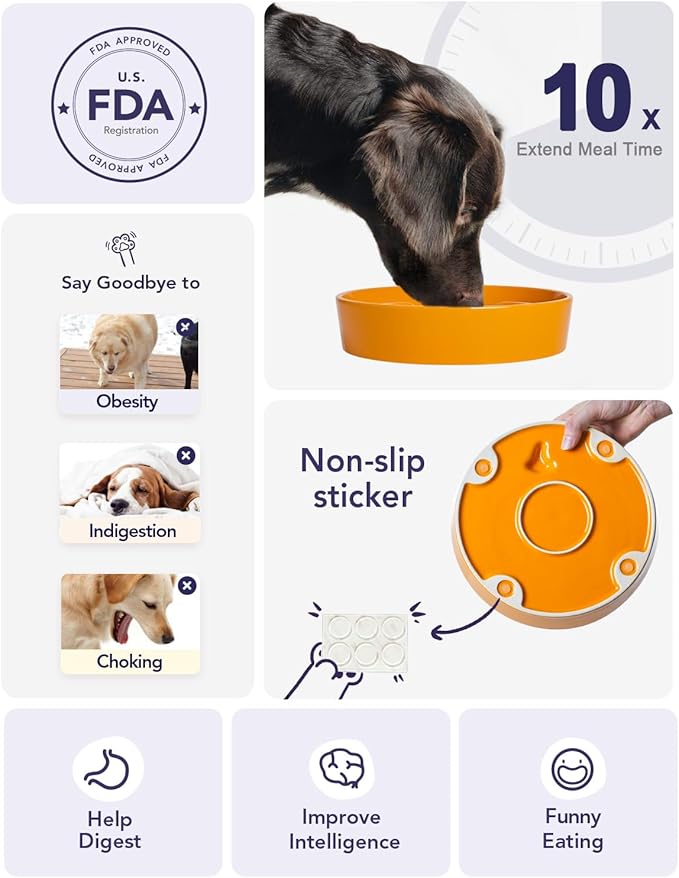 LE TAUCI Ceramic Puzzle Feeder Elevated 3 Cup with Wood Stand for Small Medium Dog & Puppy, Fast Eater Raised Dish Pumpkin Orange