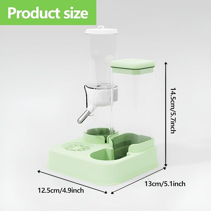 2-in-1 Hamster Water Bottle & Enhanced Food Dispenser - 35% Larger Food Capacity, Leak-Proof Design for Glass Tanks/Wire Cages Small Animal Accessories (Green, 4.9IN+5.1IN+5.7)